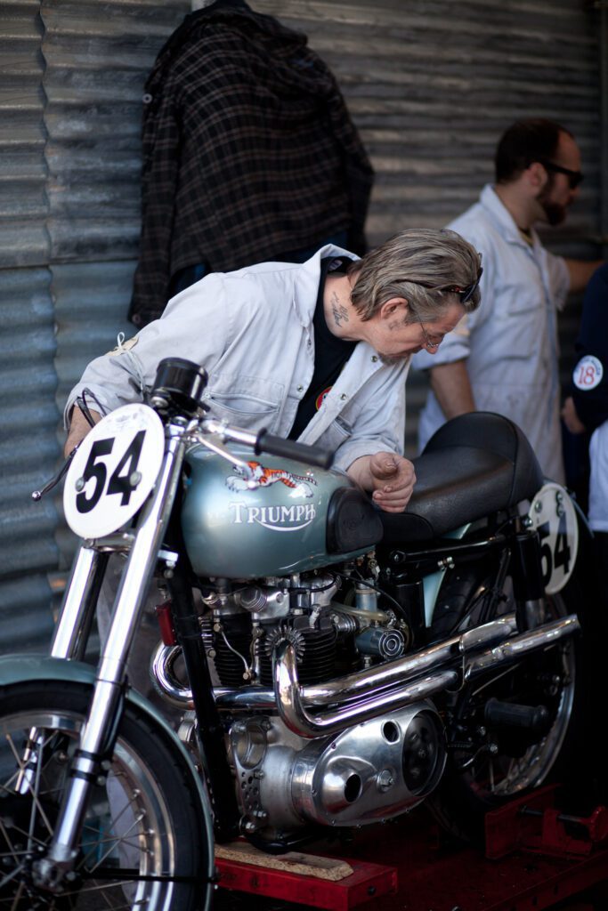 Dick built this motorcycle collaboration with ACE Classics for Kevin [last name needed]. A 1954 Triumph Tiger 110 built from the ground up, it was looking good at the Goodwood bike meeting in 2010 for a rostrum finish but the magneto packed up.